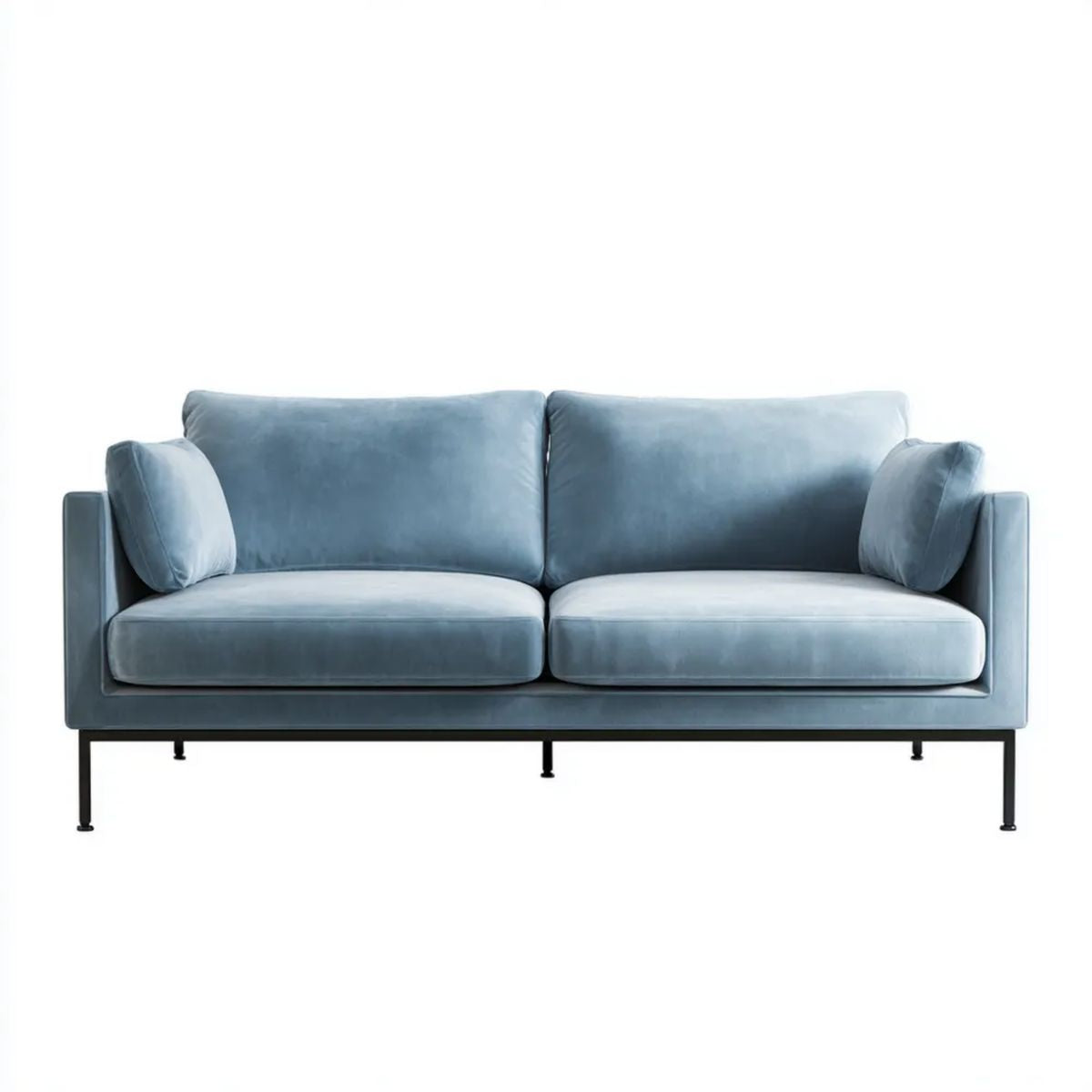 Sofa dwuosobowa niebieskoszara z weluru poliestrowego na stalowych nogach, 180 x 85 x 82 cm