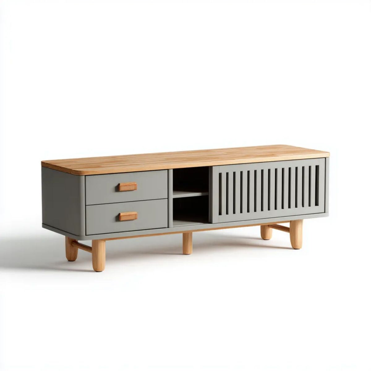 Szara szafka RTV z bambusem i płytą MDF 120 × 40 × 55 cm, 2 szuflady i drzwi przesuwne