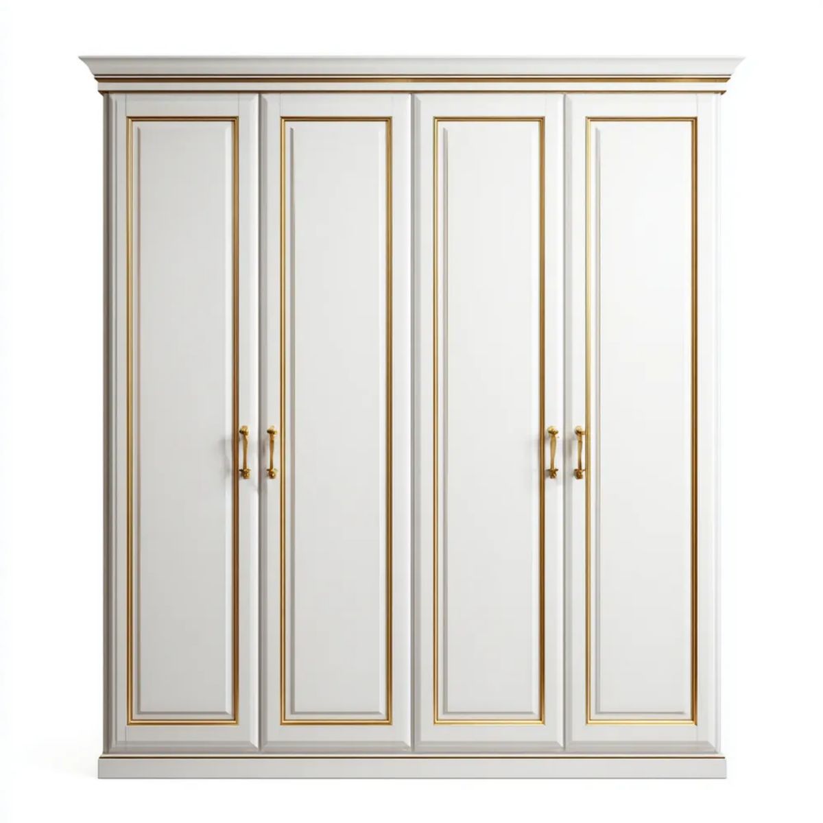 Czterodrzwiowa szafa ubraniowa z płyty MDF 200 × 60 × 220 cm, biała ze złotymi detalami