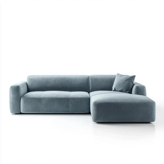 Szaroniebieska sofa narożna z prawostronnym szezlongiem, tapicerowana tkaniną, 280 × 160 × 85 cm