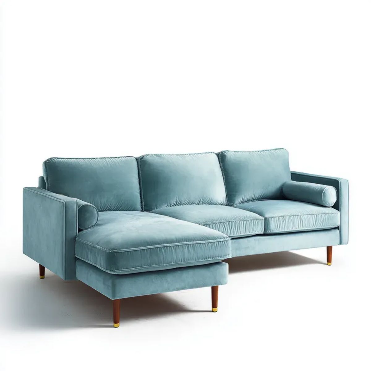 Turkusowa aksamitowa sofa narożna w kształcie L z lewostronnym szezlongiem, 250 × 160 × 85 cm