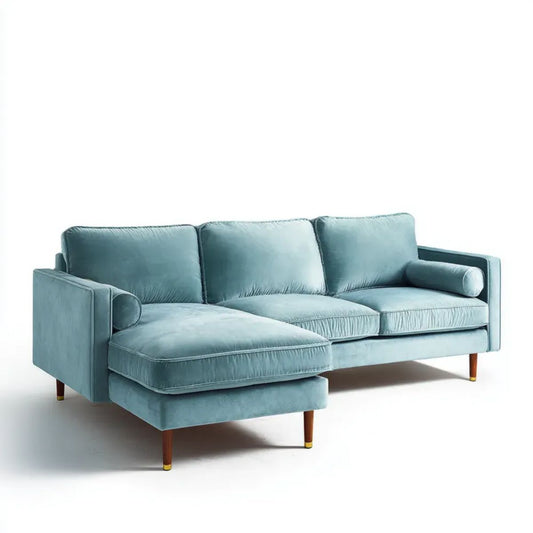 Turkusowa aksamitowa sofa narożna w kształcie L z lewostronnym szezlongiem, 250 × 160 × 85 cm