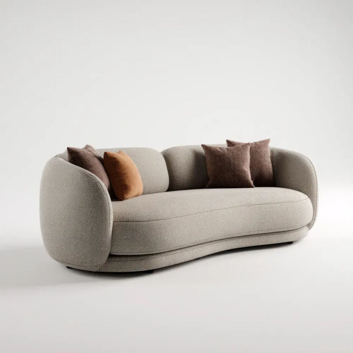 Beżowa sofa trzyosobowa z tapicerką poliestrową, zaokrąglona, 230 × 100 × 75 cm