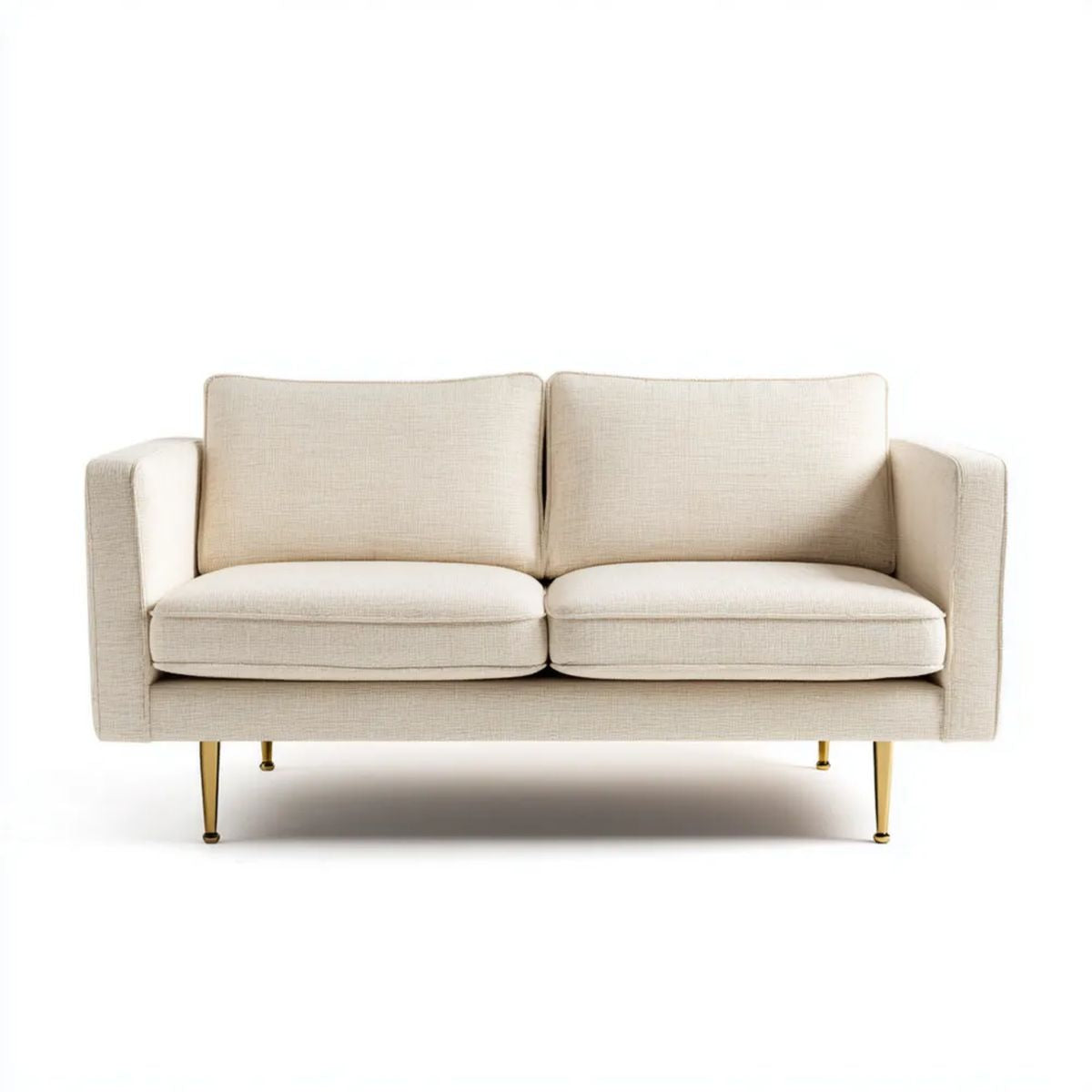 Kremowa sofa dwuosobowa z tapicerką poliestrową i złotymi metalowymi nogami, 170 × 84 × 82 cm