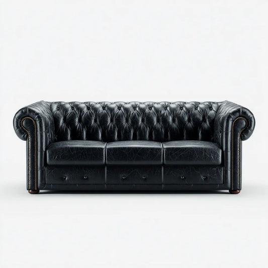 Trzyosobowa sofa Chesterfield ze skóry syntetycznej PU, czarna, 210 × 90 × 75 cm