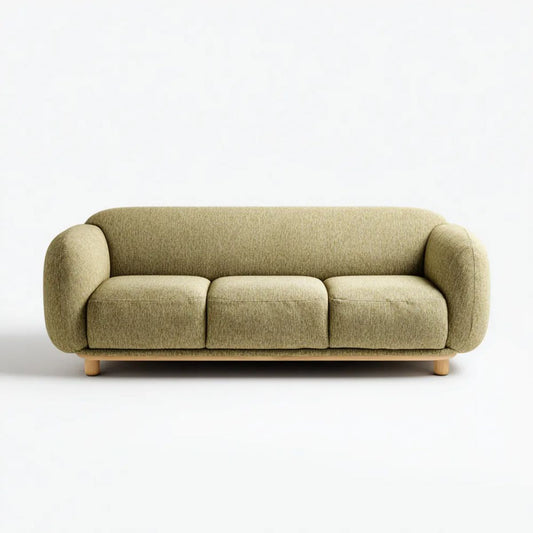 Oliwkowa sofa trzyosobowa z tapicerką poliestrową, 220 × 92 × 78 cm, zaokrąglona forma