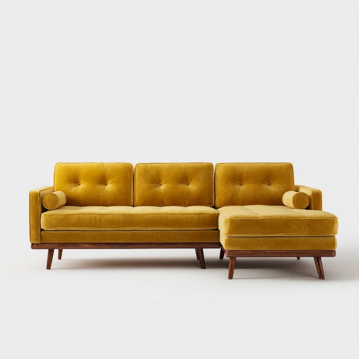 Prawostronna sofa narożna z szezlongiem, welurowa, musztardowo-brązowa, 250 x 155 x 85 cm