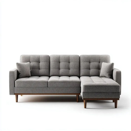 Szara sofa narożna 3-osobowa z prawostronnym szezlongiem, tapicerowana tkaniną, 250 × 160 × 85 cm