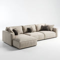 Beżowa sofa narożna z lewostronnym szezlongiem i tapicerką poliestrową, 280 x 170 x 85 cm