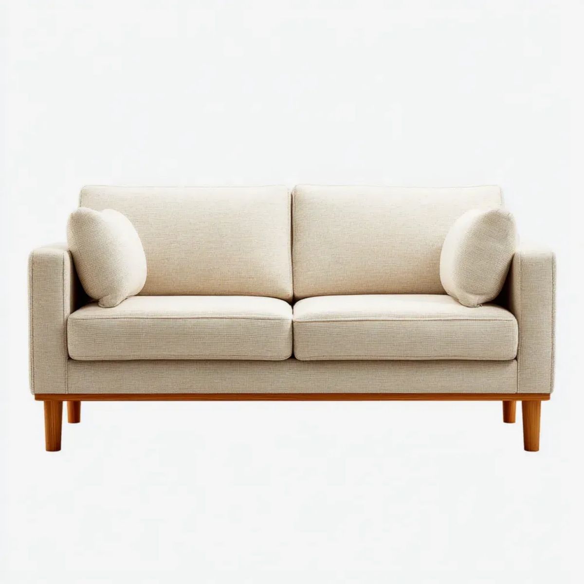 Kremowo-brązowa sofa dwuosobowa z tapicerką poliestrową i drewnianymi nogami, 160 × 85 × 84 cm
