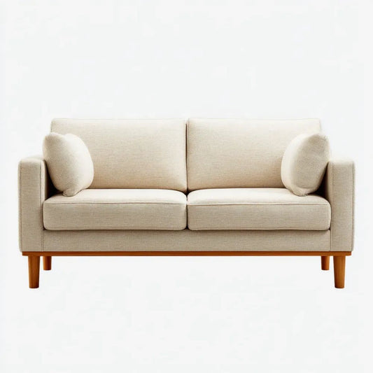 Kremowo-brązowa sofa dwuosobowa z tapicerką poliestrową i drewnianymi nogami, 160 × 85 × 84 cm
