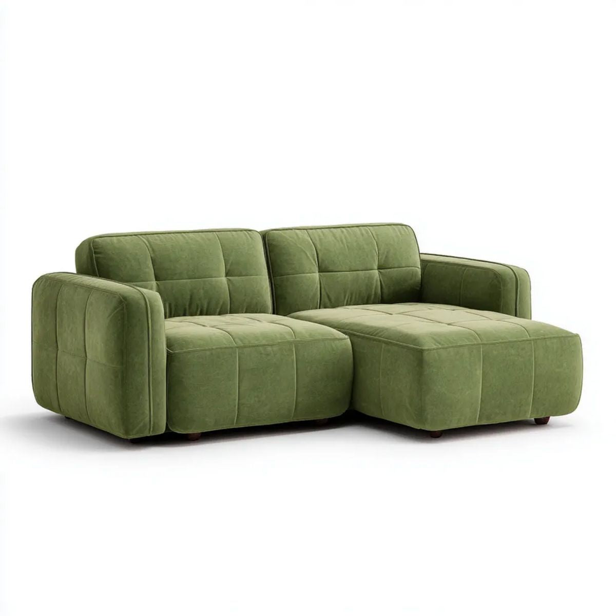 Zielona sofa narożna prawostronna z szezlongiem, aksamitna, 220 × 150 × 85 cm