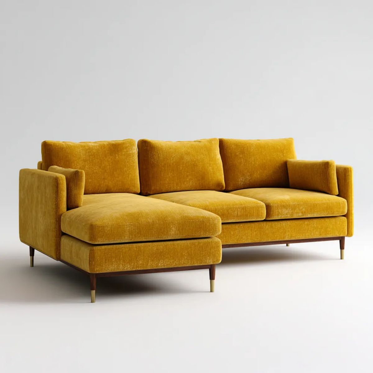Musztardowa sofa narożna z lewostronnym szezlongiem z tkaniny poliestrowej, 250 × 160 × 85 cm