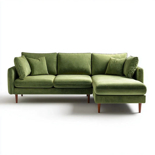 Prawostronna sofa narożna z szezlongiem z aksamitu, oliwkowozielona, 250 × 160 × 85 cm