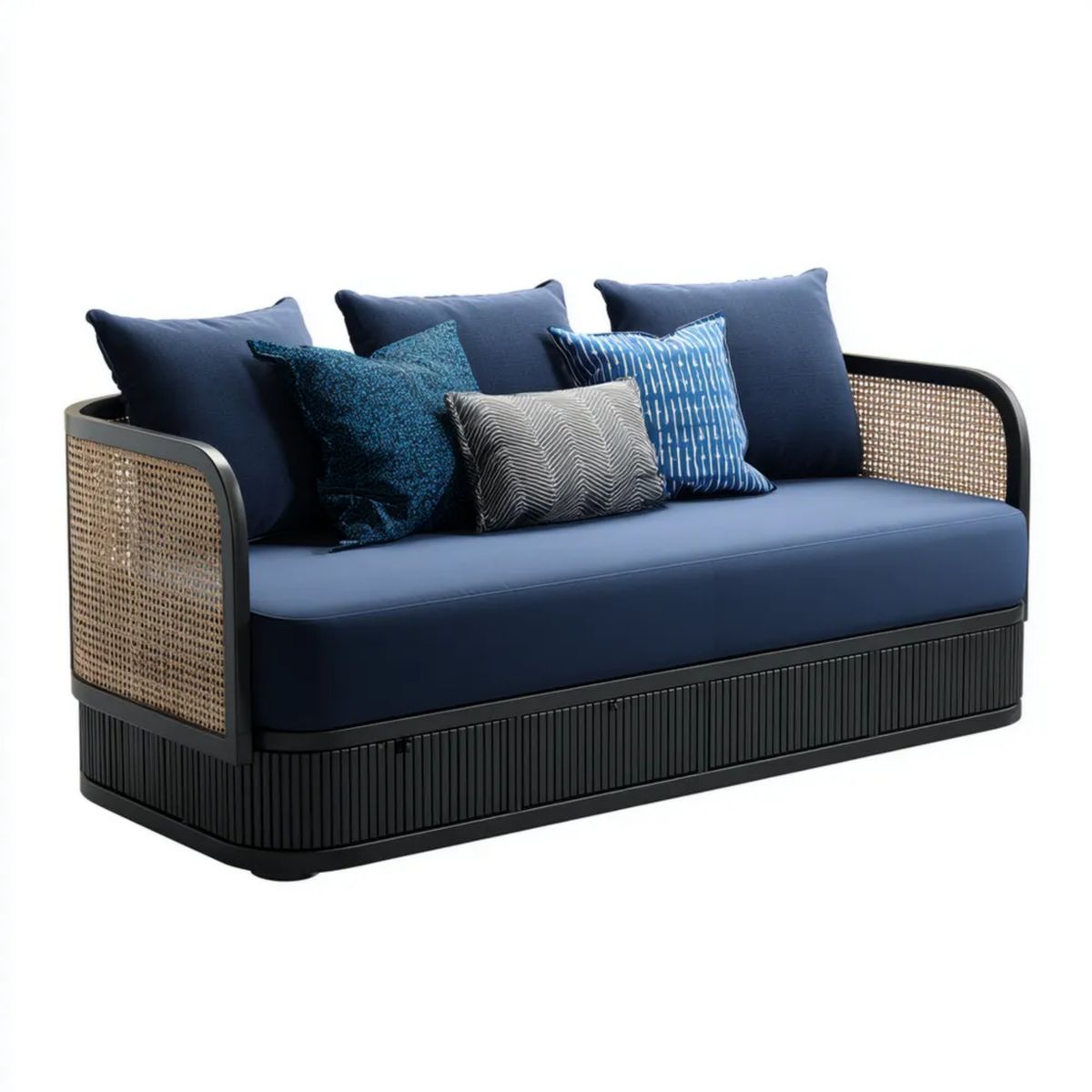 Dwuosobowa sofa granatowa z poliestru, stalową ramą i rattanowymi bokami, 180 x 75 x 78 cm