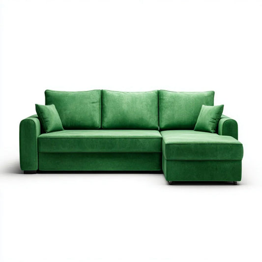 Zielona sofa narożna z szezlongiem po prawej stronie, aksamitna, 230 × 150 × 85 cm