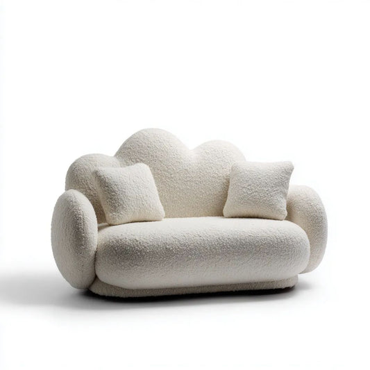 Dwuosobowa sofa kremowa z poliestru bouclé, zaokrąglona, 160 × 95 × 78 cm
