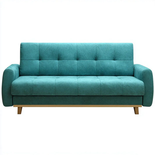 Turkusowa sofa trzyosobowa tapicerowana z drewnianymi nogami, 220 x 90 x 90 cm