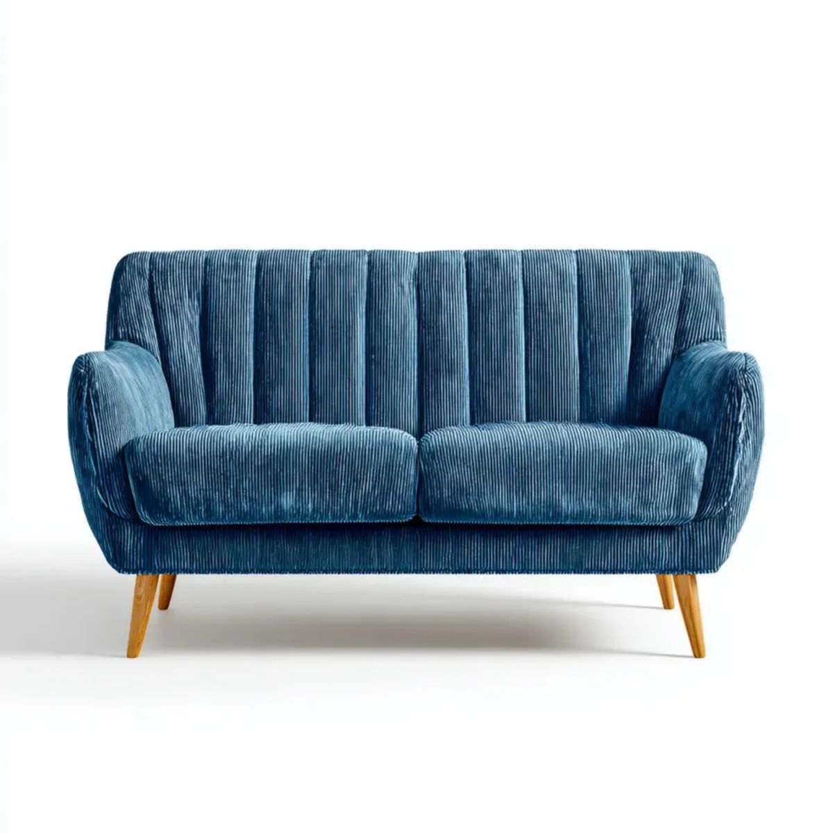 Sofa dwuosobowa granatowa z poliestru sztruksowego z naturalnymi drewnianymi nogami, 130 x 78 x 85 cm