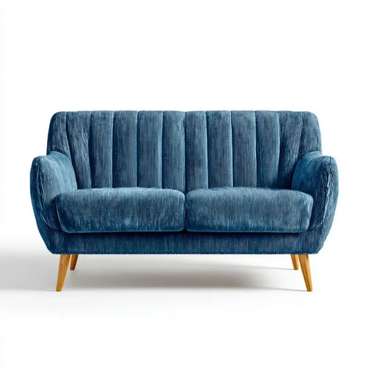 Sofa dwuosobowa granatowa z poliestru sztruksowego z naturalnymi drewnianymi nogami, 130 x 78 x 85 cm