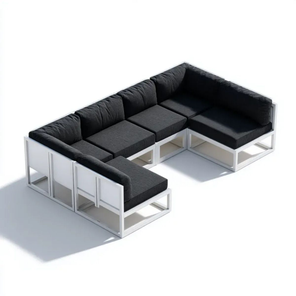 Modułowy zestaw sof ogrodowych w kształcie U z aluminium, biały z czarnymi poduszkami, 280 x 210 x 65 cm