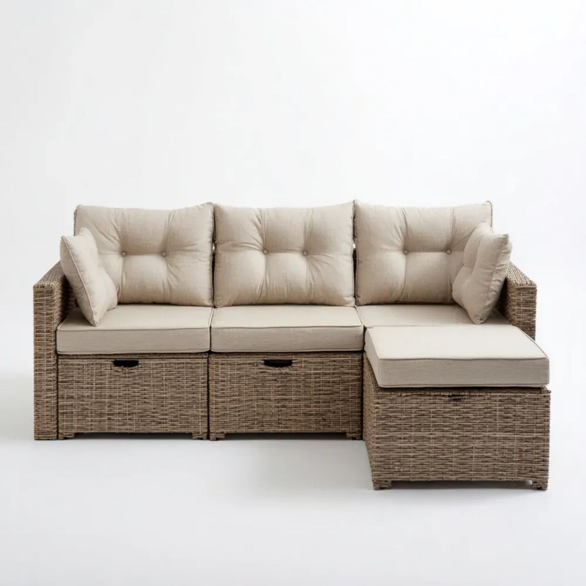 Modułowa sofa ogrodowa 3-elementowa z technorattanu, beżowo-brązowa, 210 x 150 x 80 cm, prawostronna w kształcie L