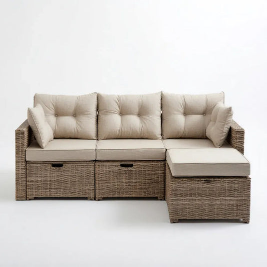 Modułowa sofa ogrodowa 3-elementowa z technorattanu, beżowo-brązowa, 210 x 150 x 80 cm, prawostronna w kształcie L