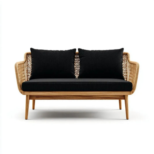 Dwuosobowa sofa ogrodowa z naturalnego rattanu, naturalny brąz/czarny, 130 x 75 x 80 cm