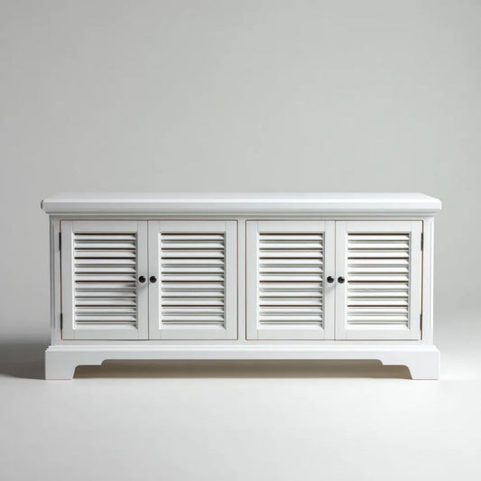Biała szafka RTV z płyty MDF 160 x 40 x 75 cm z 4 żaluzjowymi drzwiami