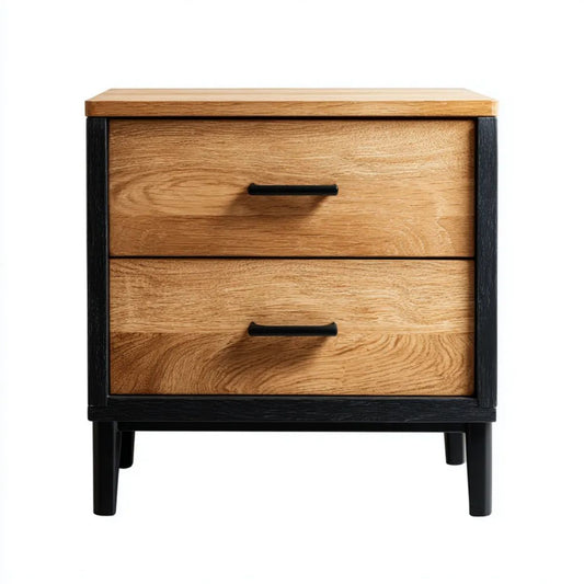 Prostokątna szafka nocna z 2 szufladami, drewno i MDF, naturalny dąb/czarny, 45 × 35 × 60 cm