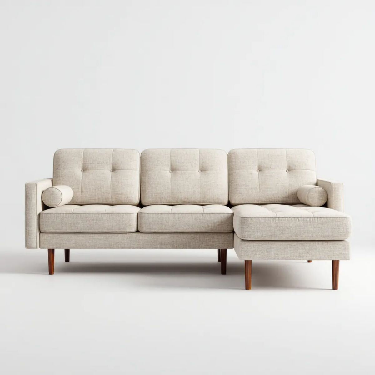 Prawostronna sofa narożna 3-osobowa w kształcie L, kremowa, poliester, 230 × 150 × 85 cm